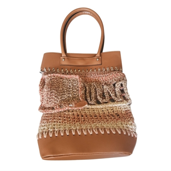 Upcycled Crochet Faux Leather Tote with Denim Pocket Fall Artisan Handbag Knit - Picture 1 of 17